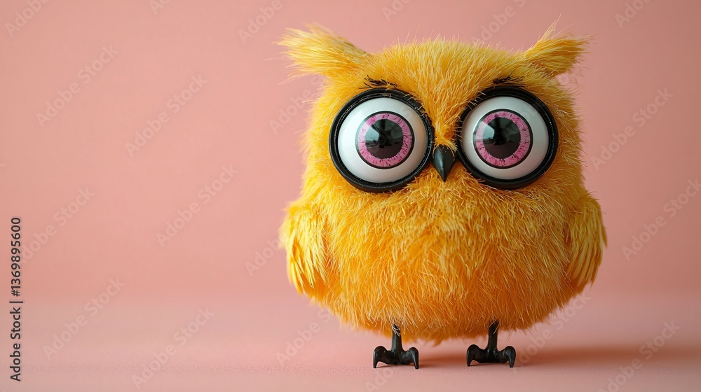 Fototapeta premium Fluffy Yellow Owl with Big Eyes on Pink Background of excellence in splendor beyond compare.