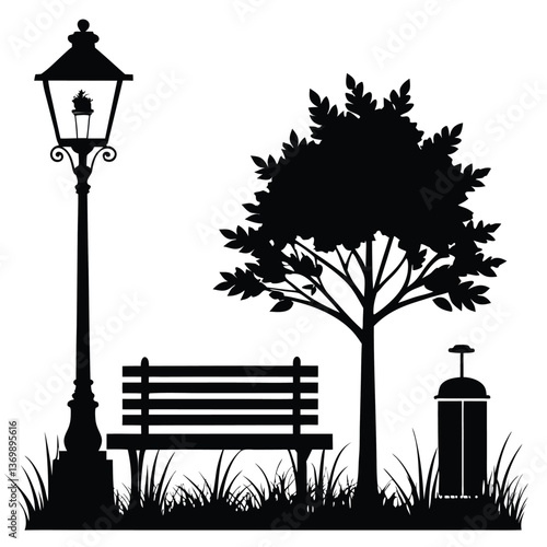 silhouette of landscape with tree, bench and streetlight, vector illustration