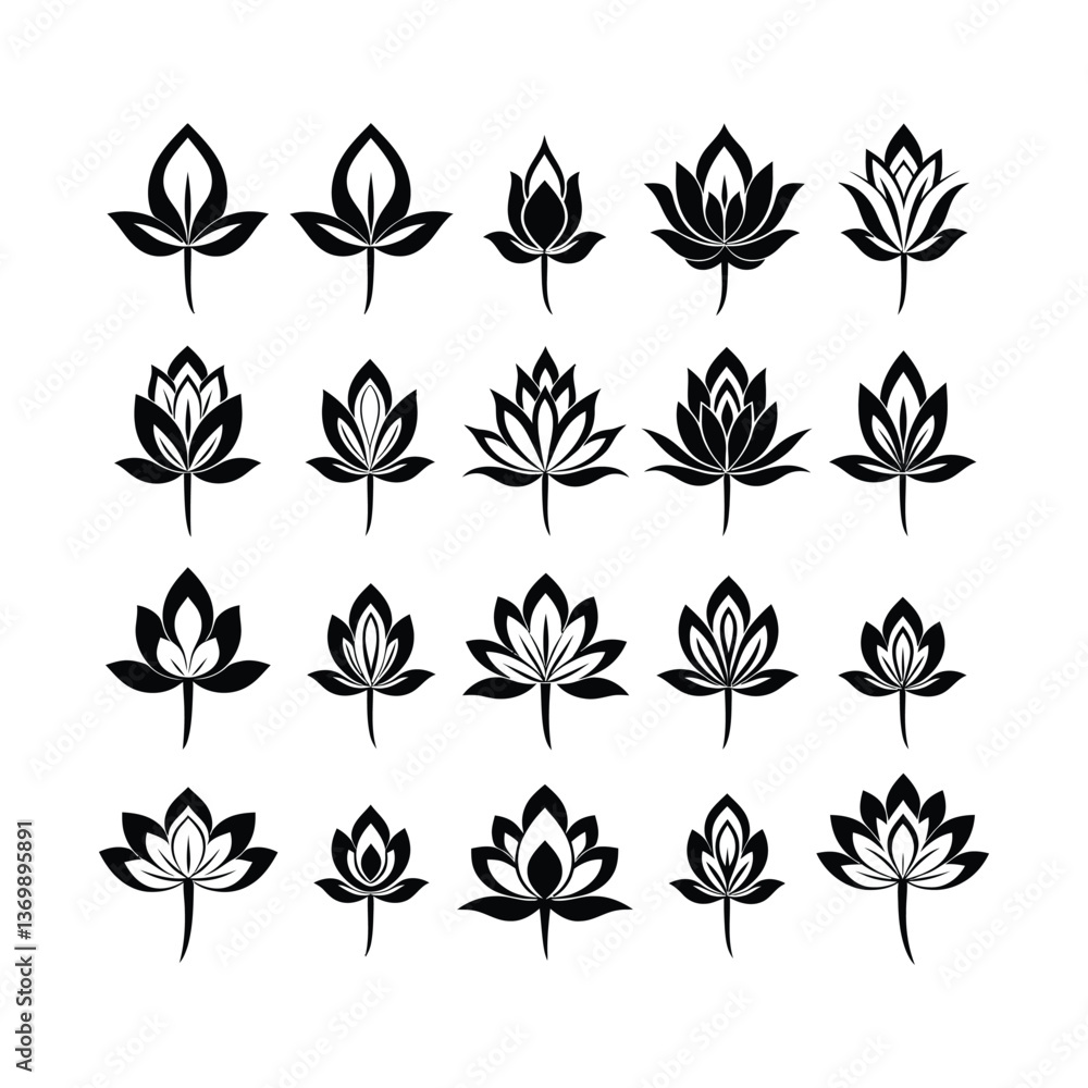 Fototapeta premium Lotus silhouette set vector art, icons, and graphics