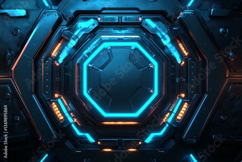A futuristic metallic portal surrounded by glowing blue and orange lights