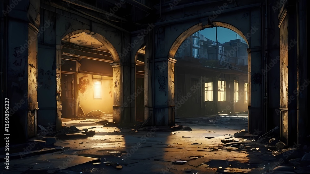 Fototapeta premium ゲーム背景 夜明け前のスラム街廃墟の裏通りビルの崩壊した室内部屋屋内風景アニメ映画風