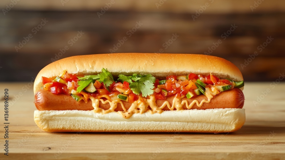 Delicious Hotdog With Relish And Cilantro On A Wooden Table. Food Photography For Menu Or Online Delivery Promotions. Delicious Hotdog With Relish And Cilantro On A Wooden Table. Food Photography For Menu Or Online Delivery Promotions.