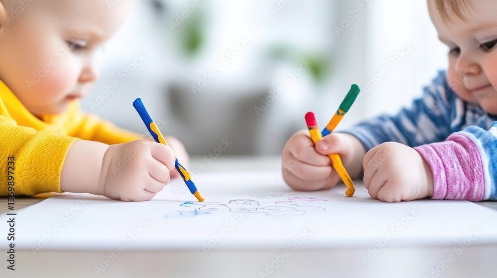 Two babies drawing with colorful crayons. Cute toddlers engaged in creative play, using crayons on white paper. Focus on their tiny hands holding crayons, ready to color Two babies drawing with colorful crayons. Cute toddlers engaged in creative play, using crayons on white paper. Focus on their tiny hands holding crayons, ready to color