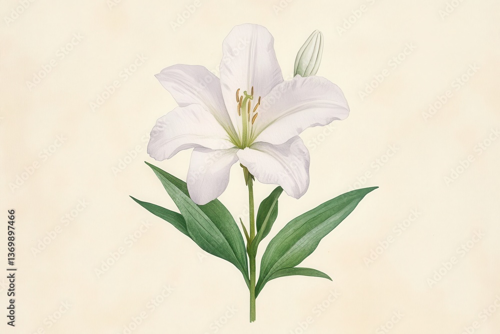 Fototapeta premium Elegant White Lily Bloom Botanical Illustration.