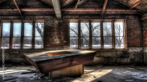 Abandoned Classroom with Wooden Table and Winter Landscape View