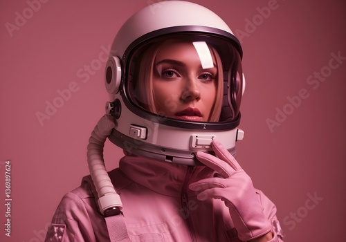 High-fashion portrait of a woman in a pink futuristic astronaut suit and helmet, stylish lighting
