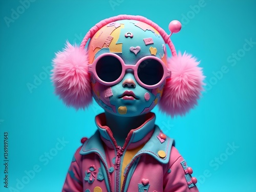 High-tech fantasy child character in pink and blue outfit with fluffy earmuffs and heart motifs