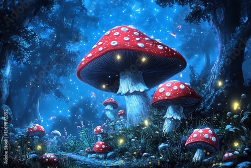 Red Mushroom Forest Scene with Light and Blue Backgrounds