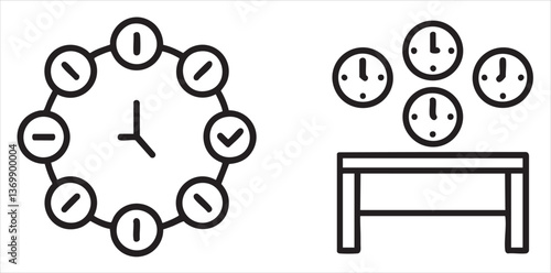 Circular clock design with multiple clocks on a table, emphasizing time management concepts.
