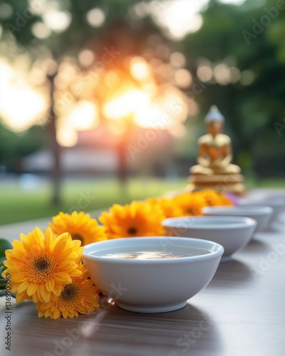 A serene setting featuring bowls of water, vibrant sunflowers, and a Buddha statue, illuminated by warm sunlight in a tranquil outdoor environment.