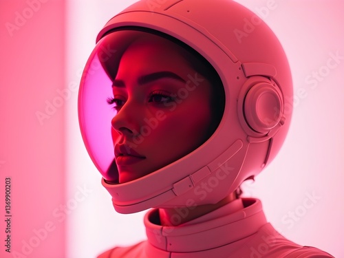 Futuristic woman astronaut in pink helmet with sleek design and neon-lit background