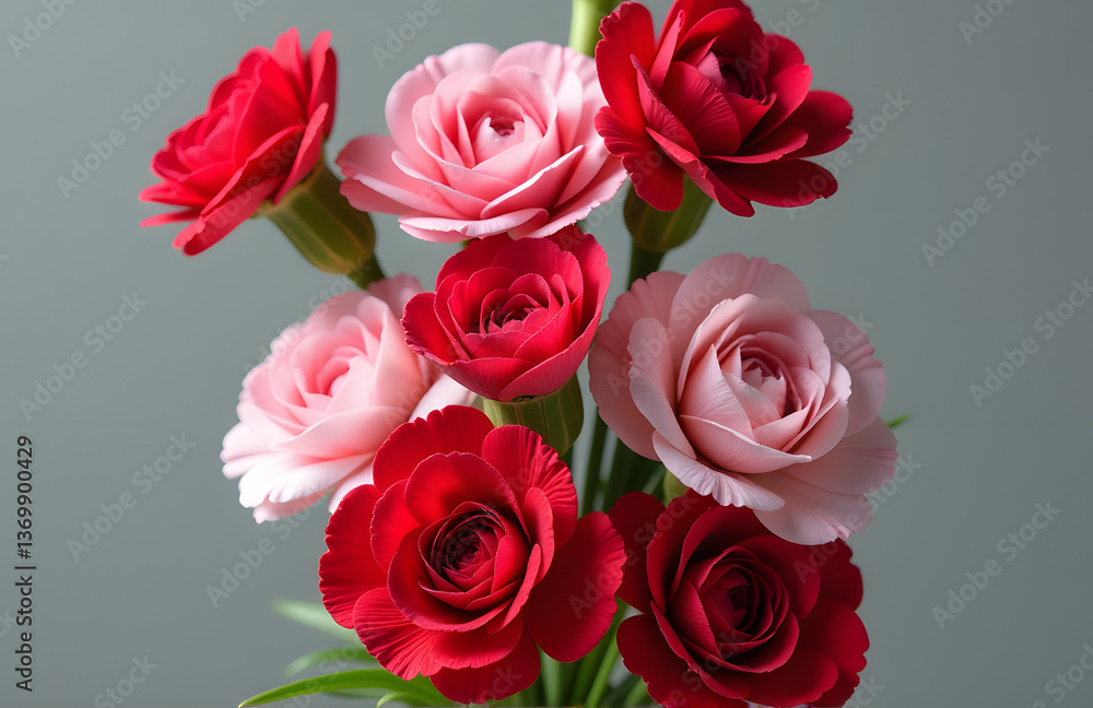 Obraz premium A Vertical Bouquet Features Red And Pink Carnations Arranged In A Tall And Elegant Floral Display.