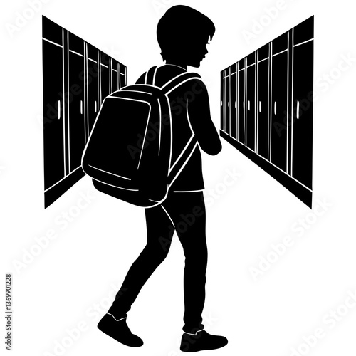 A silhouette of a student carrying a heavy backpack, walking through a school hallway 