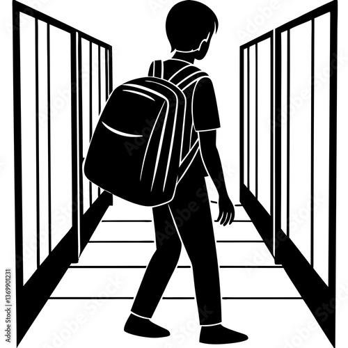 A silhouette of a student carrying a heavy backpack, walking through a school hallway 