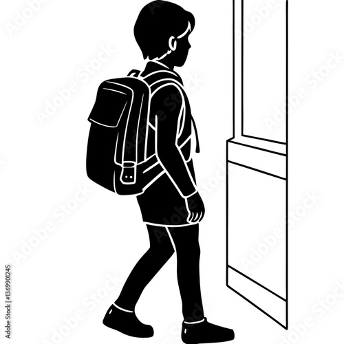 A silhouette of a student carrying a heavy backpack, walking through a school hallway 