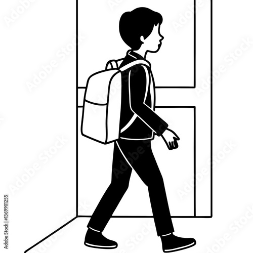 A silhouette of a student carrying a heavy backpack, walking through a school hallway 