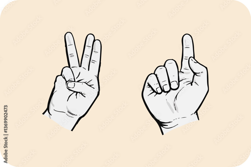 Two Hands Counting, One Showing Three Fingers and the Other One, on a Soft Beige Background, Ideal for Educational Graphics Two Hands Counting, One Showing Three Fingers and the Other One, on a Soft Beige Background, Ideal for Educational Graphics