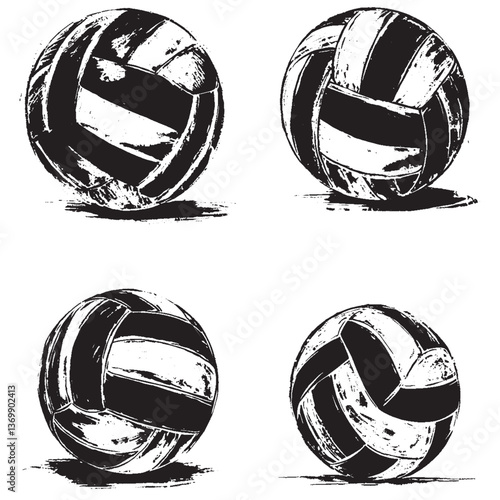 black and white vintage volleyball drawing. Ideal for sports designs, prints, tattoos, and creative projects. Grunge-style hand-drawn ball illustration.
