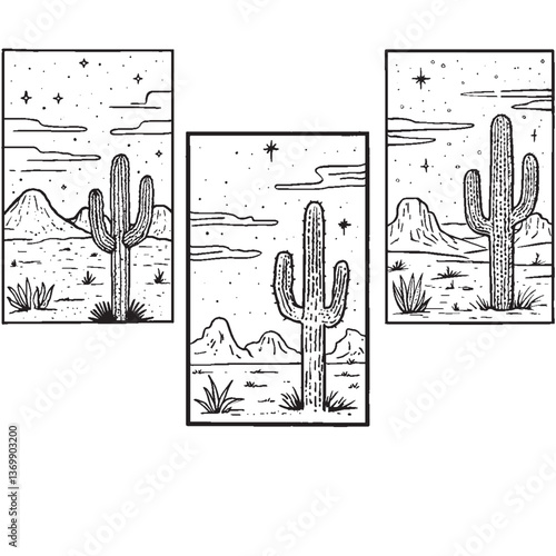black and white cactus desert drawing. Perfect for coloring, tattoos, or design inspiration. Scenic line art featuring mountains, cacti, and starry skies.