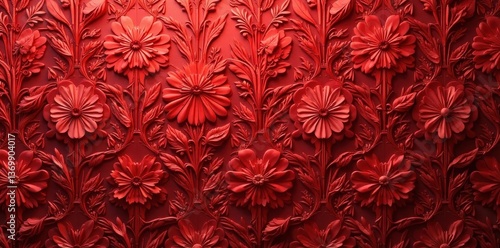 Intricate red damask floral wallpaper close-up, red, acanthus