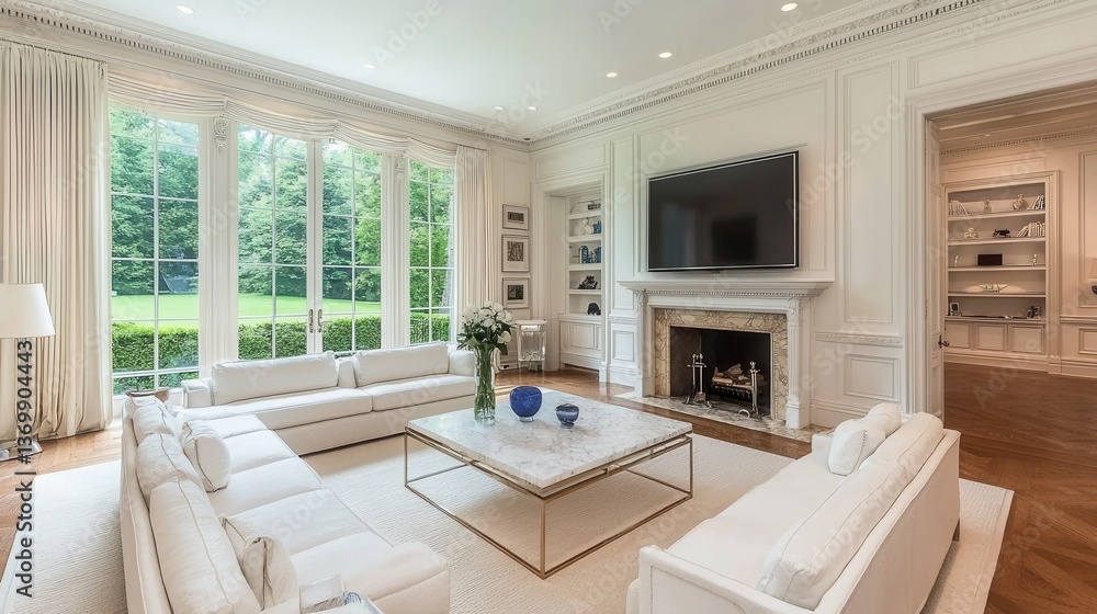 Fototapeta premium Elegant Modern Living Room with Large Windows and Cozy Design