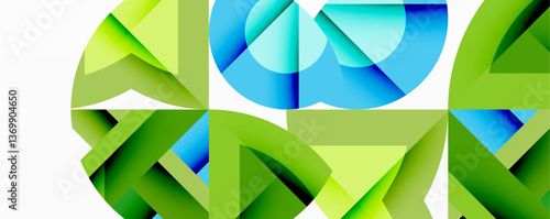 Abstract geometric composition with interlocking circular and angular shapes, featuring smooth gradients and sharp contrasts on a white background