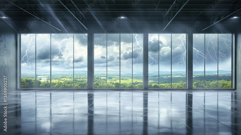 Obraz premium Empty modern office interior with panoramic windows and stormy sky view, for business concept