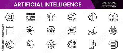 Artificial intelligence set of web icons in line style. AI technology icons for web and mobile apps. Machine learning, digital AI technology, algorithm, smart robotics, cloud computing network Vector 