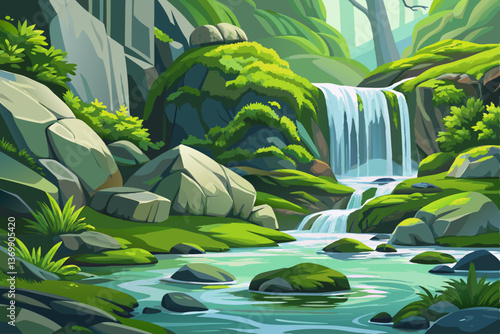 moss-covered rocks with a small waterfall and vibrant greenery, Highly detailed vector illustration