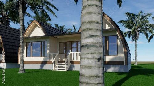Beautiful modern tropical villa surrounded by lush palm trees and sunny sky. Perfect for real estate, travel, and architectural designs