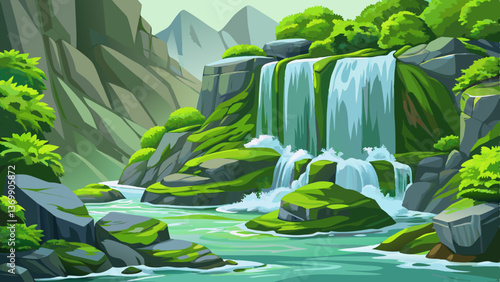 moss-covered rocks with a small waterfall and vibrant greenery, Highly detailed vector illustration