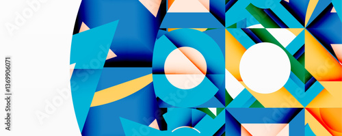 Abstract geometric composition with interlocking circular and angular shapes, featuring smooth gradients and sharp contrasts on a white background