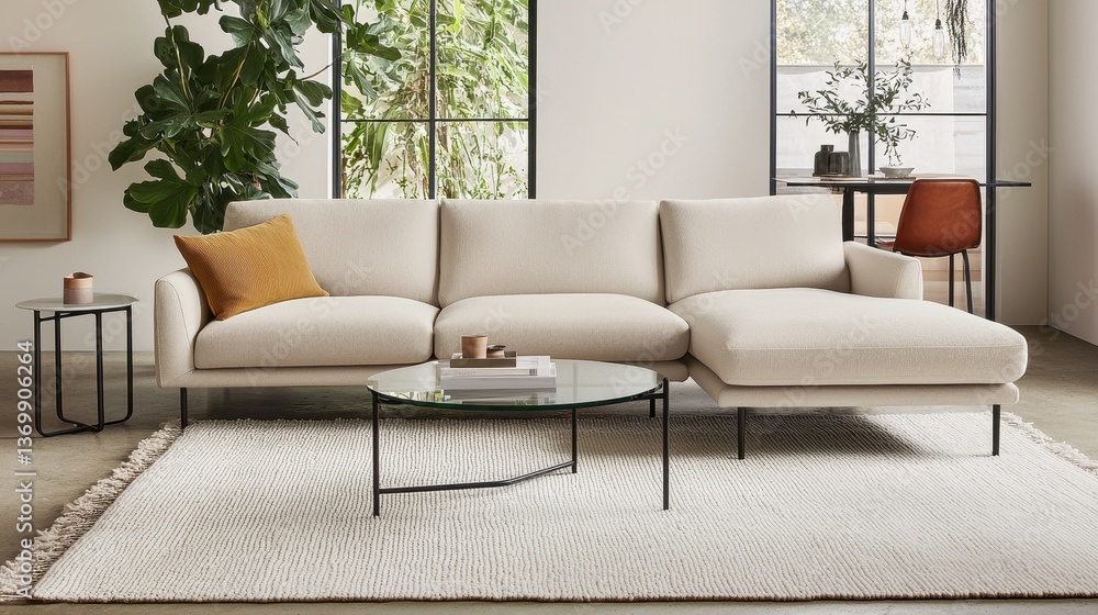 Fototapeta premium Modern Minimalist Living Room with Stylish Sofa and Glass Table
