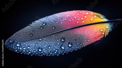 An abstract composition featuring a peacock feather at the center, with overlapping layers of radiant colors like orange, yellow, green, blue, and purple.