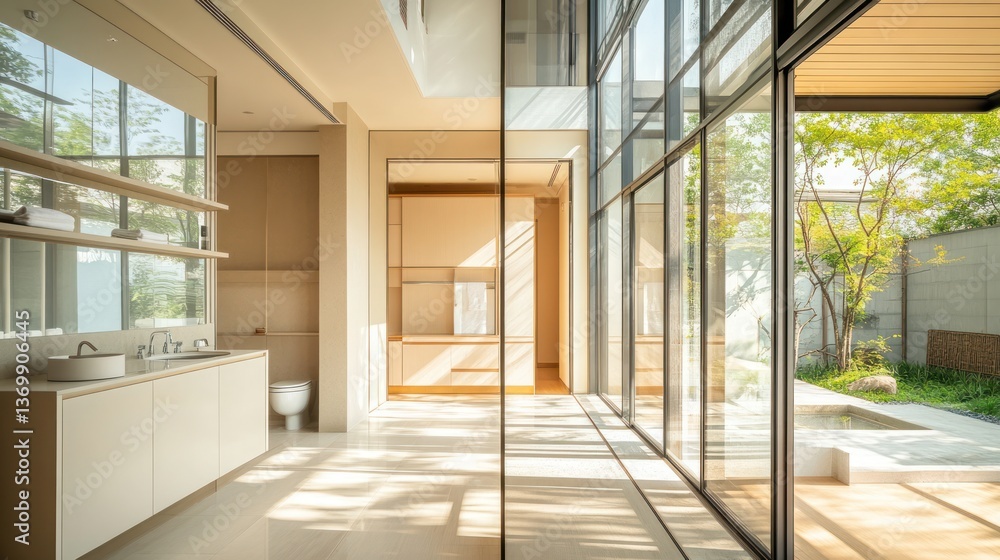 Fototapeta premium Modern bathroom with large windows overlooking garden. Interior design