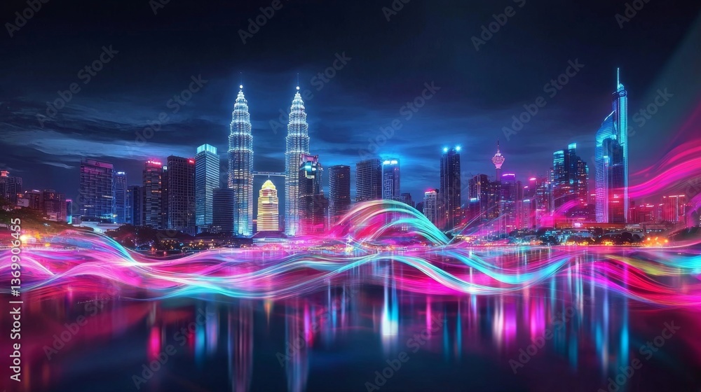 Fototapeta premium Stunning Kuala Lumpur skyline illuminated at night with vibrant neon lights.