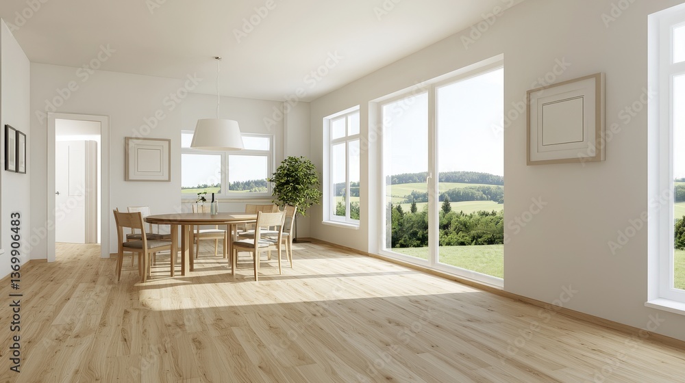 Fototapeta premium Modern Minimalist Dining Room with Natural Light and Scenic View