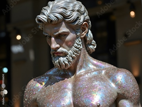 Greek-style statue with iridescent glitter body under dramatic lighting, mixing classic and modern