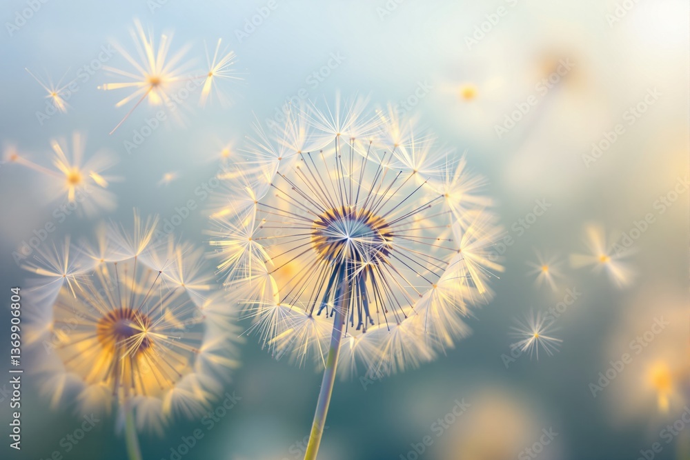 Close-up of delicate dandelion seeds dispersing in soft glowing light, dreamy artistic style, on a pastel gradient background, concept of freedom. Ai generative Close-up of delicate dandelion seeds dispersing in soft glowing light, dreamy artistic style, on a pastel gradient background, concept of freedom. Ai generative