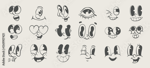 Retro mascot parts set, vintage cartoon eyes, groovy character design kit