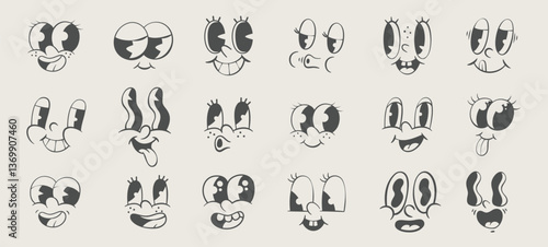 Retro mascot parts set, vintage cartoon eyes, groovy character design kit
