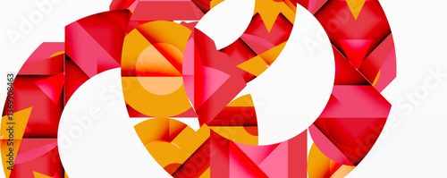 Abstract geometric composition with interlocking circular and angular shapes, featuring smooth gradients and sharp contrasts on a white background