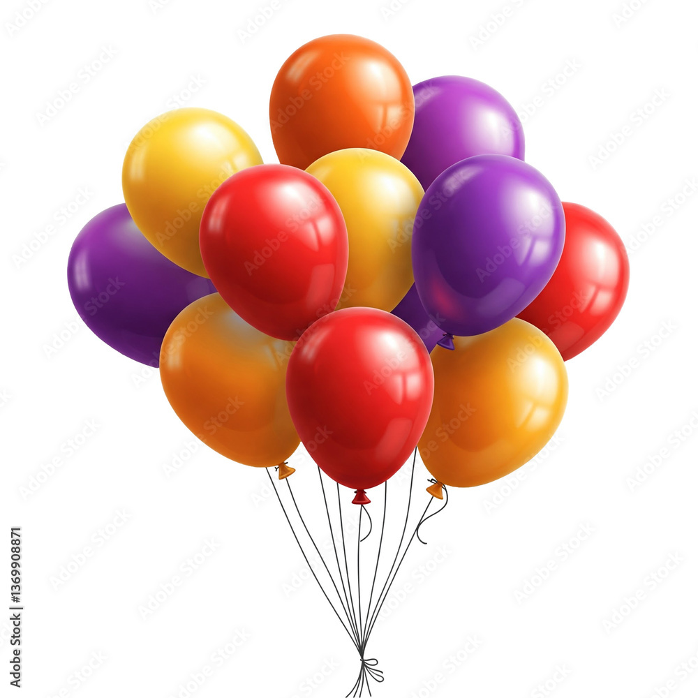 Vibrant Cluster of Glossy Celebration Balloons Realistic Red, Orange, Yellow, and Purple Party Decorations with Soft Lighting and Tangled Strings on Light Background for Festive Occasions Vibrant Cluster of Glossy Celebration Balloons Realistic Red, Orange, Yellow, and Purple Party Decorations with Soft Lighting and Tangled Strings on Light Background for Festive Occasions