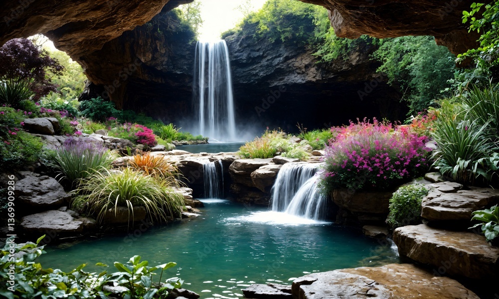 Naklejka premium Breathtaking spring sunrise over a majestic waterfall in a lush green valley – Stunning outdoor landscape with soft golden hues and fresh flowers