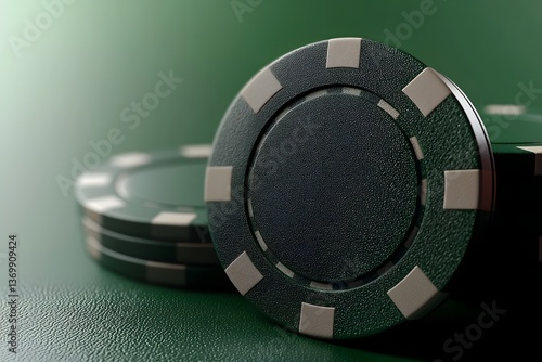 Green casino poker chips with embossed logo and texture