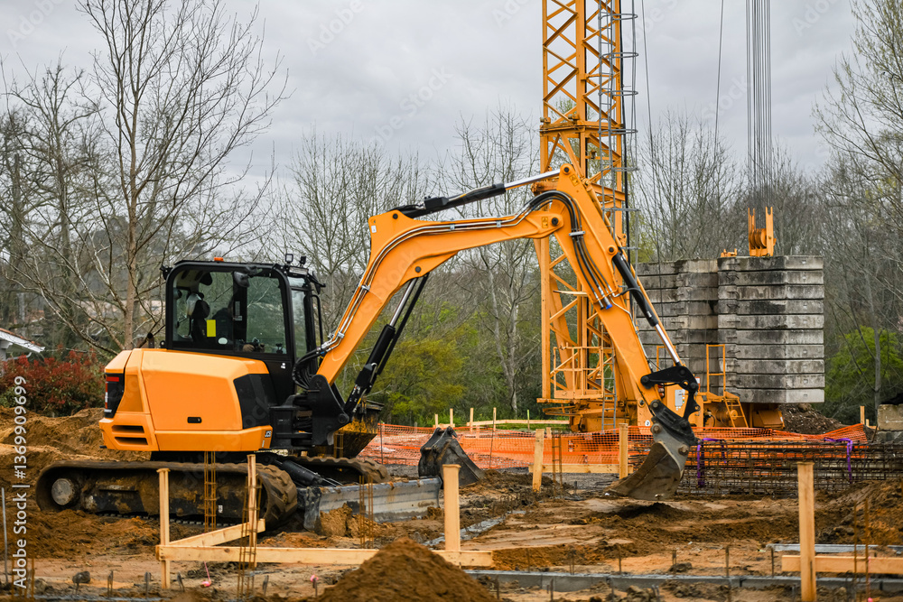 Excavator and crane in action on a subdivision construction site. Excavator and crane in action on a subdivision construction site.