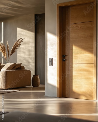 Close up of wooden door. Minimalist scandinavian home interior design of modern living room