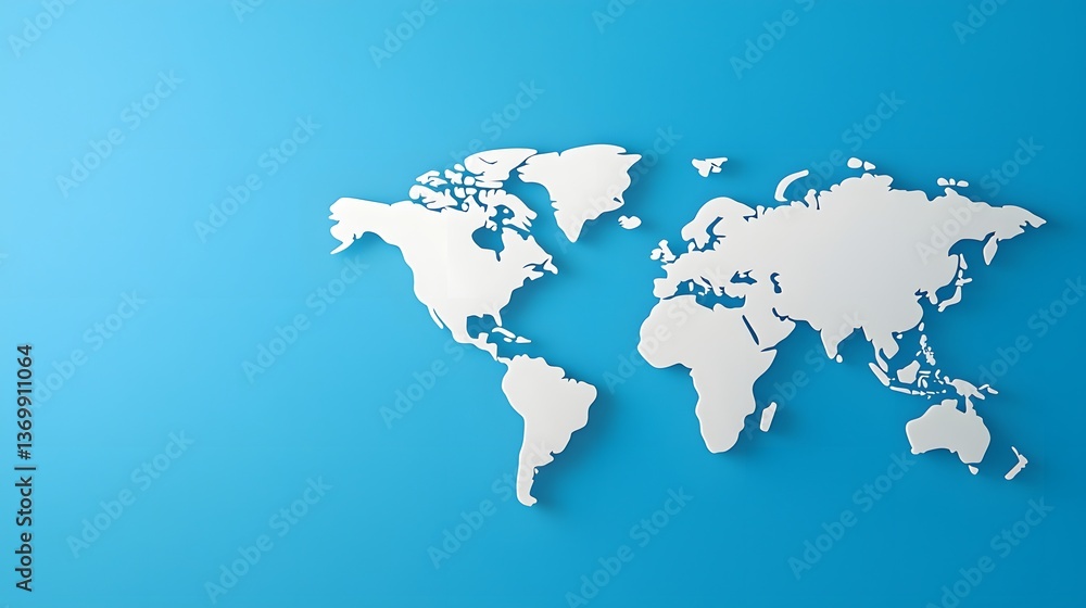 Obraz premium Simple White Paper World Map on Light Blue Background