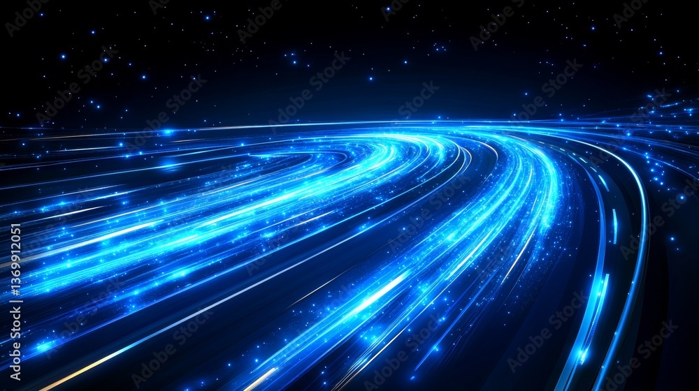 Obraz premium Abstract Light Trails, Long Exposure, Blue Streaks on Black Background. Clean Vector, Curved Lines