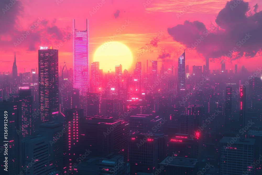 Fototapeta premium Futuristic cityscape illuminated by a vibrant pink and orange sunset